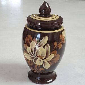 Vintage Redware Pottery Handpainted Lidded Ginger Jar Lid Fits So Perfectly!
